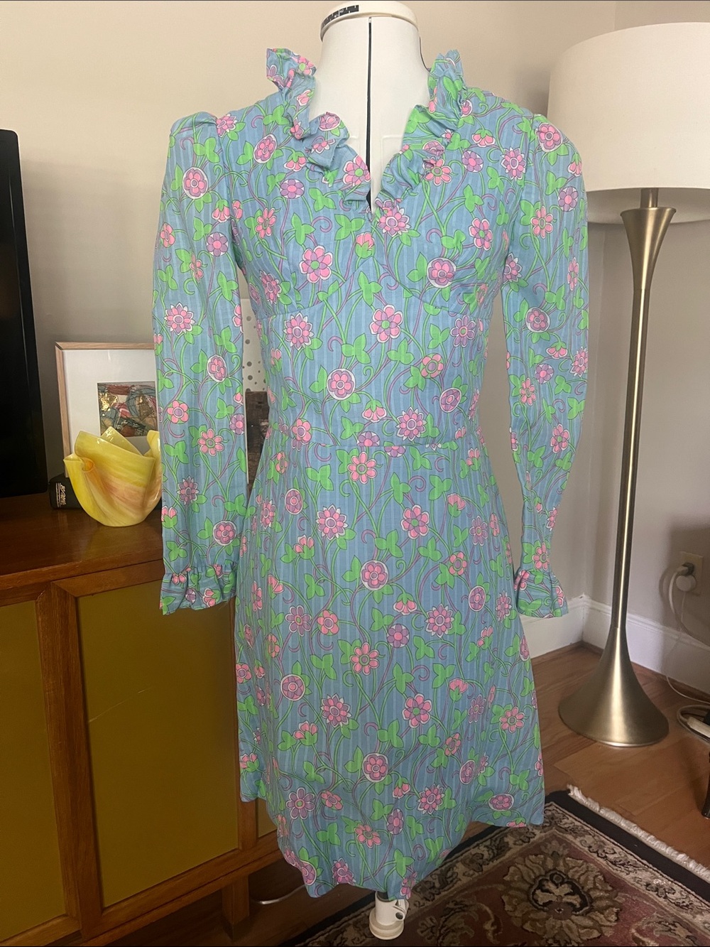 Vintage Light Blue Floral Long-Sleeve Dress with Pink and Green Accents